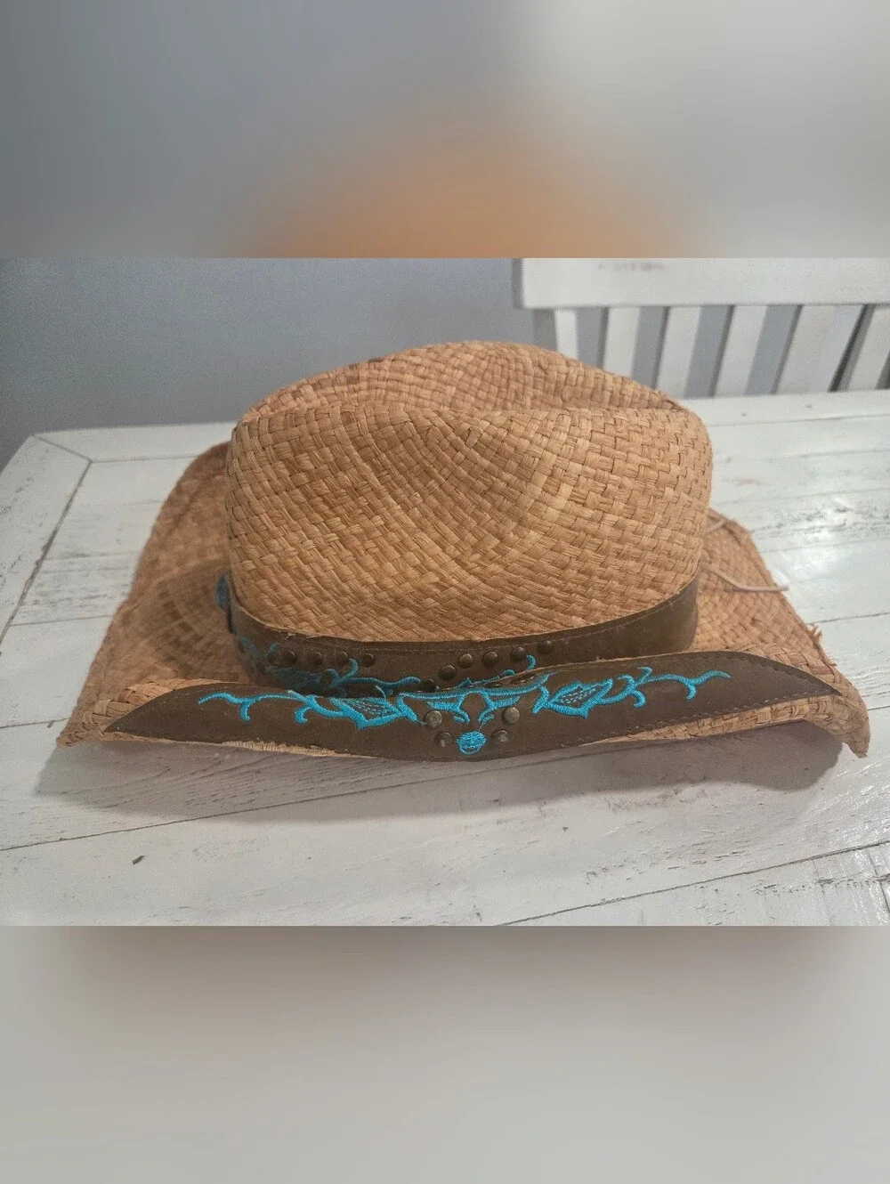 Run a Muck Collection Straw Western Hat with Turquoise Details